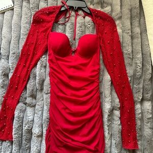 red oh polly long sleeve mini dress